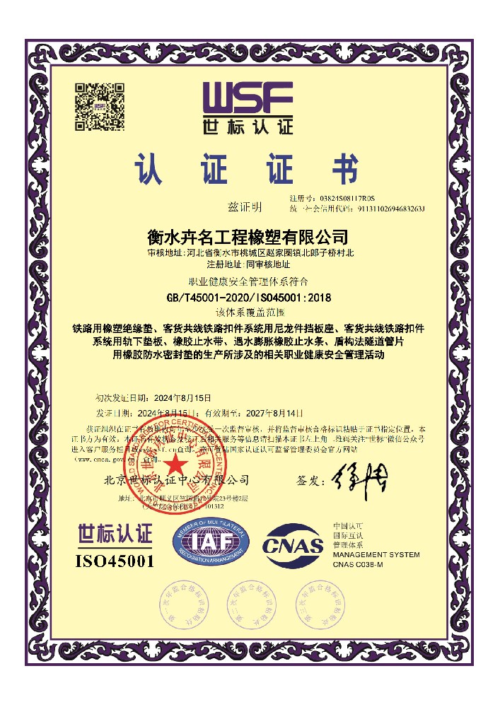職業(yè)健康**管理體系認證證書